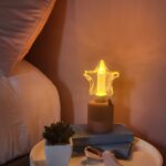 Lampe solelight en 3D de couleur nude avec une ampoule en forme d'étoile, des hirondelles sont posées à côté sur une table basse de chambre, de plus une un créa-clips en forme d'hirondelle est sur la lampe. Fabrication dans notre atelier à Sarrigné. Prise de vu large.